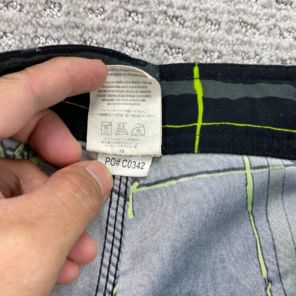 VOLCOM Swim Trunks Men 30 Black Neon Green Plaid MAGU Board Shorts Swimming Suit - Picture 6 of 12